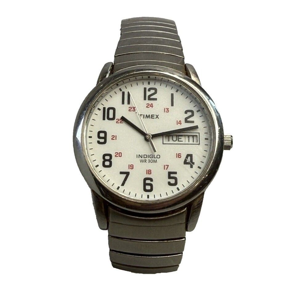 Timex Easy Reader T20461 Mens 35mm Expansion Watch Indiglo EUC Wrist 7 1/4"